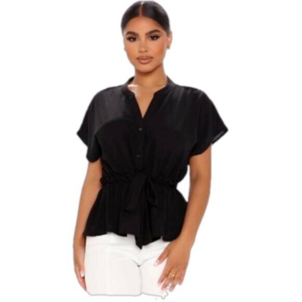Fashion Nova BLACK Waist No Time Blouse Tie Waist Drawstring Button Peplum